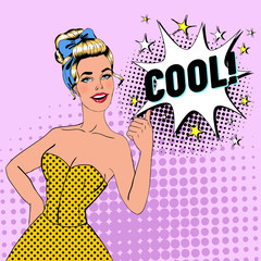 Pop Art Blonde Woman Posing with Thumb Up Sign. Joyful Girl Vintage Poster with Comic Speech Bubble. Pin Up Advertising Placard Banner. Vector illustration