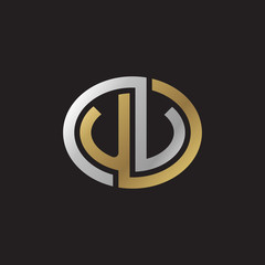 Fototapeta premium Initial letter UV, looping line, ellipse shape logo, silver gold color on black background