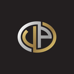 Initial letter VP, UP, looping line, ellipse shape logo, silver gold color on black background