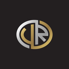Initial letter VR, UR, looping line, ellipse shape logo, silver gold color on black background