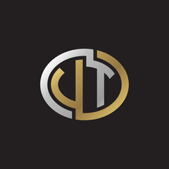 Initial letter VT, UT, looping line, ellipse shape logo, silver gold color on black background