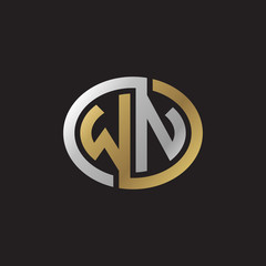 Initial letter WN, looping line, ellipse shape logo, silver gold color on black background