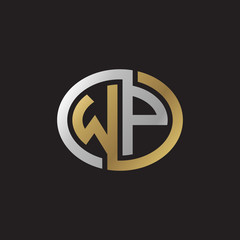 Initial letter WP, looping line, ellipse shape logo, silver gold color on black background