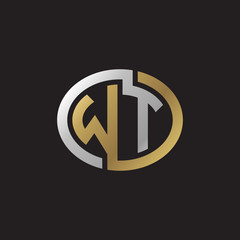 Initial letter WT, looping line, ellipse shape logo, silver gold color on black background