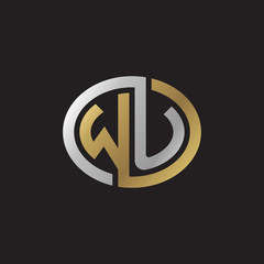 Initial letter WU, looping line, ellipse shape logo, silver gold color on black background