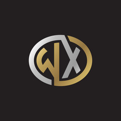 Initial letter WX, looping line, ellipse shape logo, silver gold color on black background