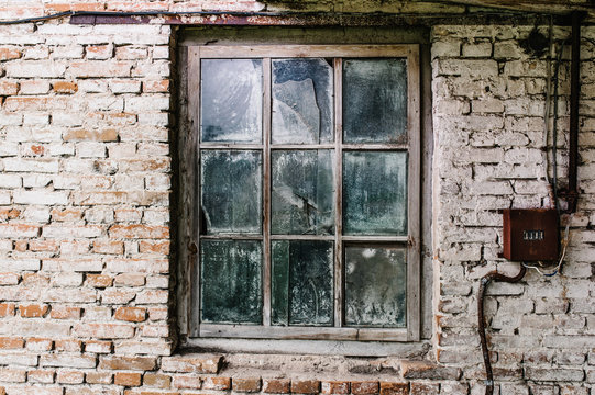 Red, brown, white, brick wall, texture, background with old wooden window with counter