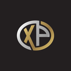 Initial letter XP, looping line, ellipse shape logo, silver gold color on black background