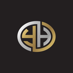Initial letter YH, looping line, ellipse shape logo, silver gold color on black background