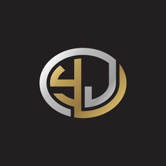 Initial letter YJ, looping line, ellipse shape logo, silver gold color on black background