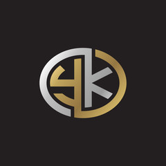 Initial letter YK, looping line, ellipse shape logo, silver gold color on black background