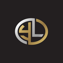 Initial letter YL, looping line, ellipse shape logo, silver gold color on black background