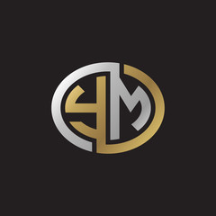 Initial letter YM, looping line, ellipse shape logo, silver gold color on black background