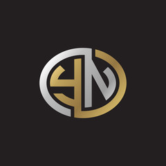 Initial letter YN, looping line, ellipse shape logo, silver gold color on black background