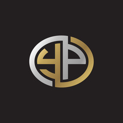 Initial letter YP, looping line, ellipse shape logo, silver gold color on black background