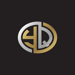 Initial letter YQ, looping line, ellipse shape logo, silver gold color on black background