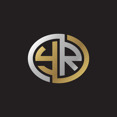 Initial letter YR, looping line, ellipse shape logo, silver gold color on black background