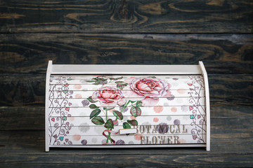White Wooden Bread Box with Floral Pattern on Blue