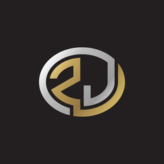 Initial letter ZJ, looping line, ellipse shape logo, silver gold color on black background