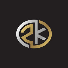 Initial letter ZK, looping line, ellipse shape logo, silver gold color on black background