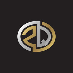 Initial letter ZQ, looping line, ellipse shape logo, silver gold color on black background