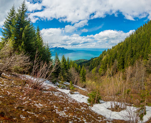 Obraz premium Beautiful Switzerland mountains landscape with snow path at foreground