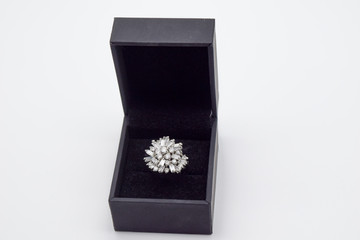 Diamond ring, engagement ring isolated in box, wedding ring, jewelry background