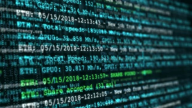 Screen display of block chain network and programming binary code concept background. Process of mining digital crypto currency. Abstract seamless loop animation of cryptocurrency technology.