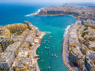 Beautiful aerial view of the Spinola Bay, St. Julians and Sliema town on Malta. 