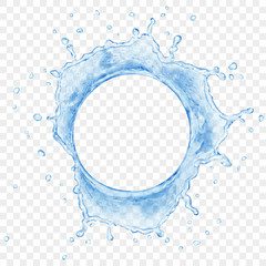 Top view of translucent water crown with drops in blue colors, isolated on transparent background. Transparency only in vector file