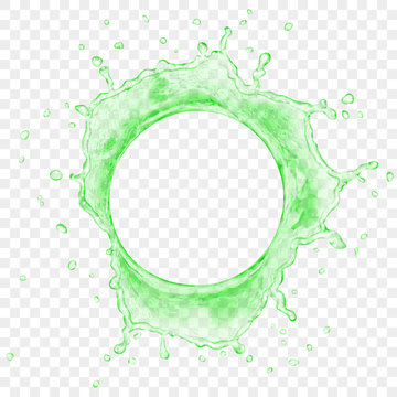 Top view of translucent water crown with drops in green colors, isolated on transparent background. Transparency only in vector file