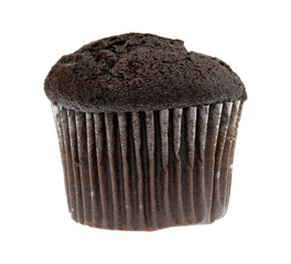 A single bite size chocolate muffin isolated on a white background.