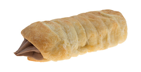 Chocolate creme horn on a white background.
