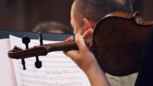 Back view of a female violinist`s hand playing the violin in the orchestra 