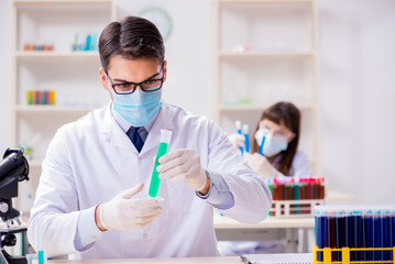Fototapeta premium Two chemists working in lab experimenting