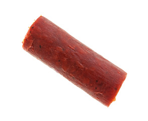 Beef sausage slice on a white background