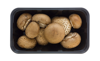 Baby bella mushrooms in a black carton