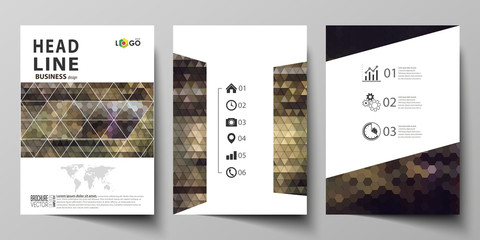 Business templates for brochure, magazine, flyer, annual report. Cover design template, vector layout in A4 size. Abstract backgrounds. Geometrical patterns. Triangular and hexagonal style.