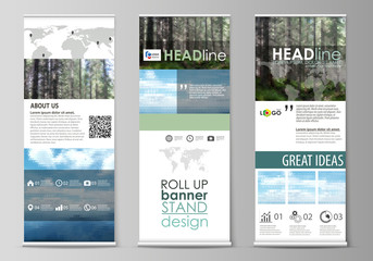 Roll up banner stands, flat design templates, vertical vector flyers, flag layouts. Colorful background, triangular or hexagonal texture for travel business, natural landscape in polygonal style.
