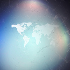 Abstract futuristic background with connecting lines and dots, polygonal linear texture. World map. Global network connections, geometric design, technology digital concept.