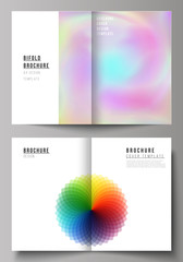 Fototapeta premium Vector illustration of layout of two A4 format cover mockup design templates for bifold brochure, magazine, flyer, report. Abstract colorful geometric backgrounds in minimalistic design to choose from
