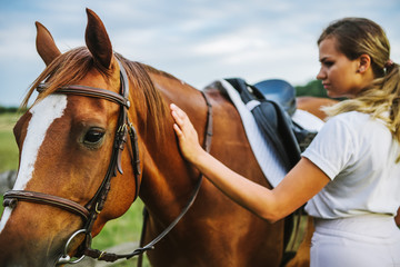 Obraz premium A woman jockey strokes a horse after a horse race.