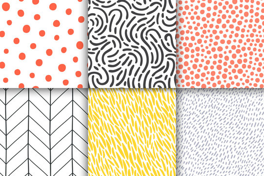 Abstract hand drawn geometric simple minimalistic seamless patterns set. Polka dot, stripes, waves, random symbols textures. Bright colorful vector illustration. Template for your design