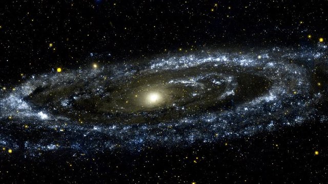 Space flight to galaxy, 3D animation with moving stars and rotating galaxy. Contains public domain image by NASA