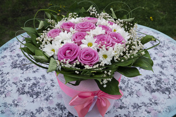 beautiful bouquet of roses and chrysanthemums, a colorful bouquet of different fresh flowers