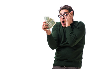 Young man with money isolated on white