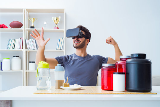 Man with nutrition jars and virtual reality glasses