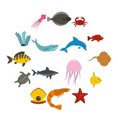 Fototapeta premium Sea animals icons set in flat style isolated vector illustration