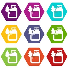 Canister engine oil icons 9 set coloful isolated on white for web