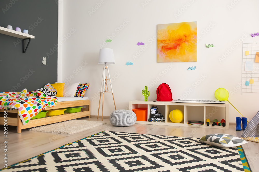 Sticker modern room interior with comfortable bed for child